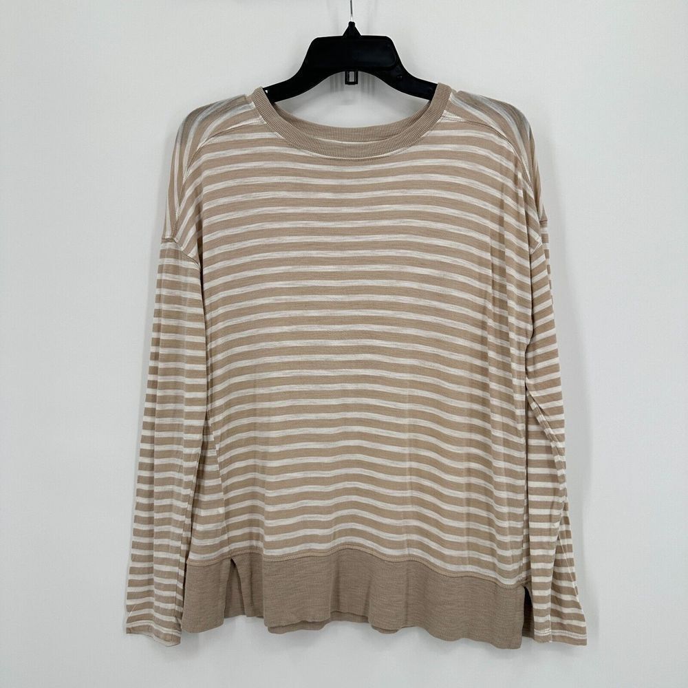 Lou & Grey Top Shirt Womens Blouse M Cream Tan Striped Long Sleeve Lightweight